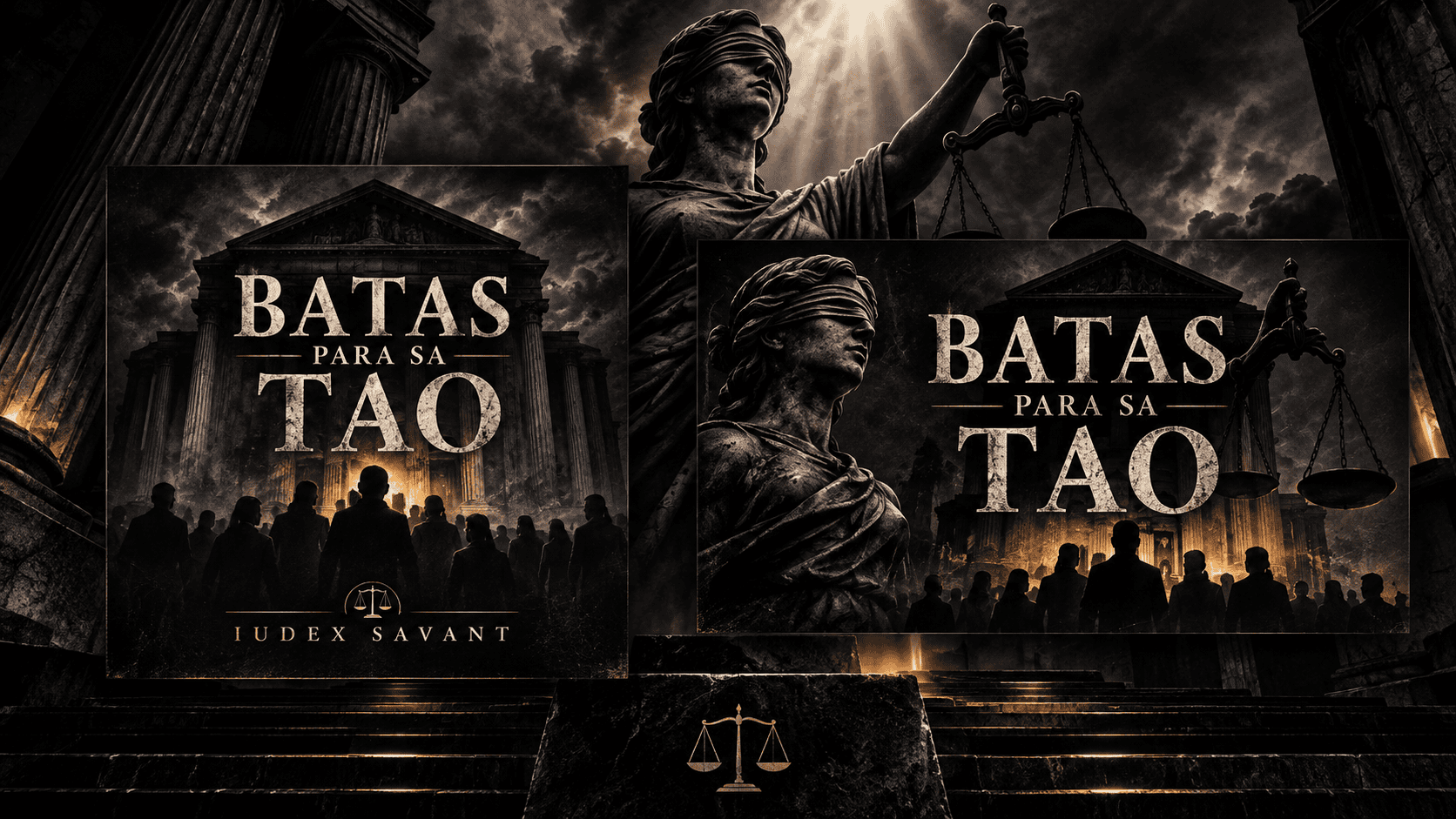 Dark gothic artwork of Lady Justice with scales, courthouse columns, and silhouetted people, symbolizing law, fairness, and justice for the people.