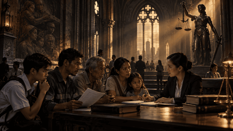 Filipino families, workers, students, and an elderly man receiving legal guidance inside a dramatic gothic-style hall, with Lady Justice and warm golden light symbolizing law, fairness, and human dignity.