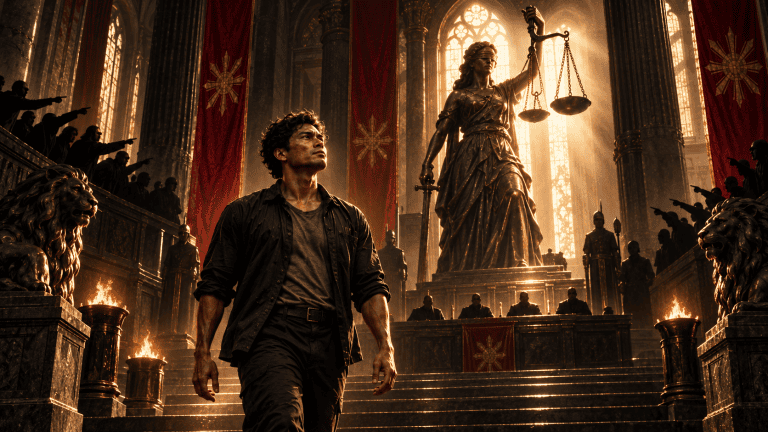 A lone Filipino man stands with quiet resolve inside a dark gothic hall of judgment, surrounded by shadowy accusers, towering columns, crimson banners, torchlight, and a monumental Lady Justice holding balanced scales.
