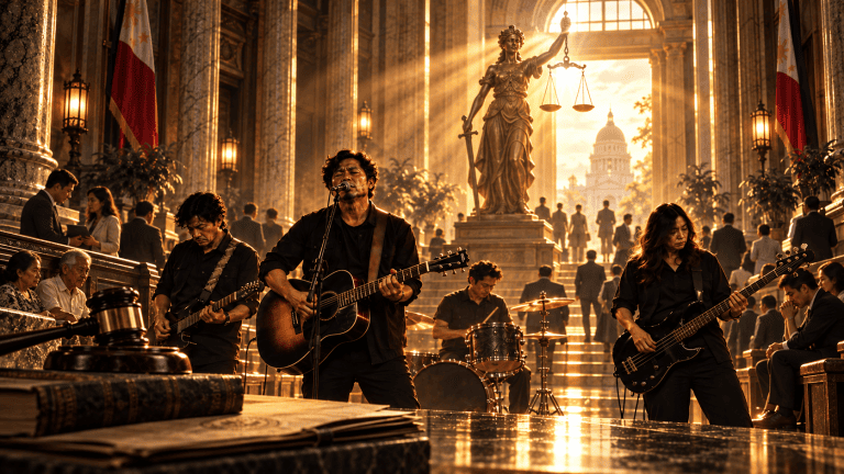 Filipino rock band performing inside a grand courthouse hall beneath a Lady Justice statue, with golden sunlight, waiting citizens, legal consultations, law books, and a gavel symbolizing judgment, fairness, and justice.