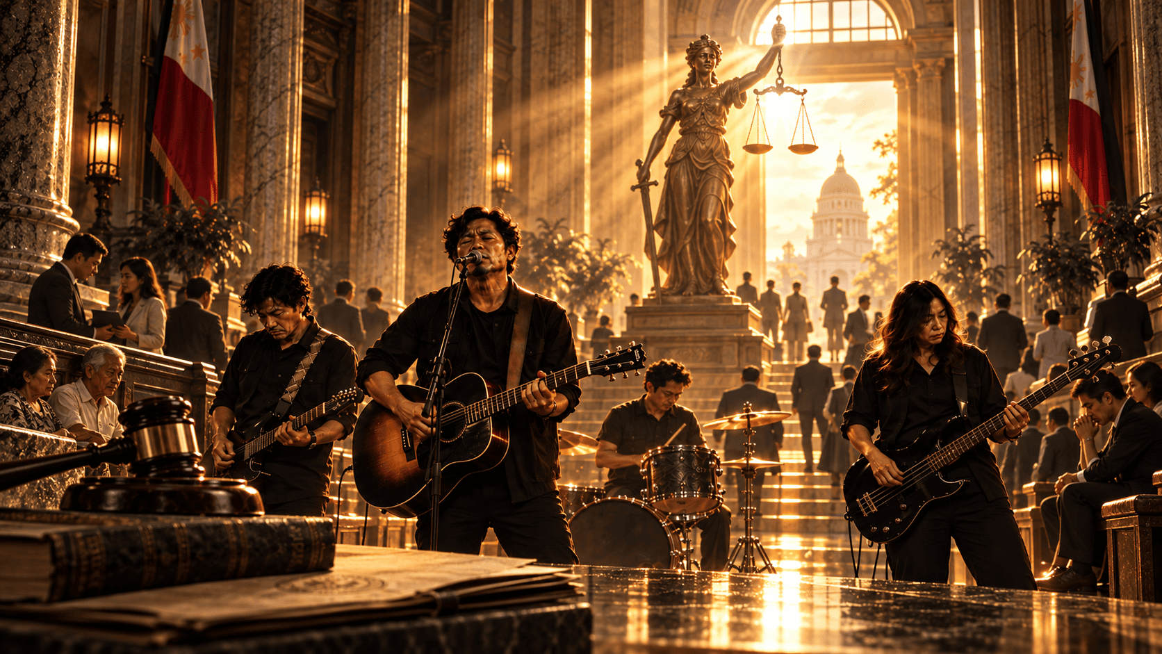 Filipino rock band performing inside a grand courthouse hall beneath a Lady Justice statue, with golden sunlight, waiting citizens, legal consultations, law books, and a gavel symbolizing judgment, fairness, and justice.