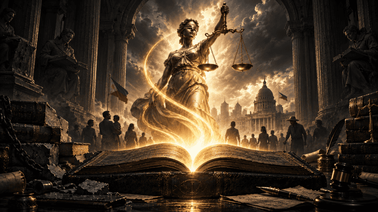 Gothic Lady Justice standing above a glowing law book, symbolizing the spirit of the law beyond its literal words.