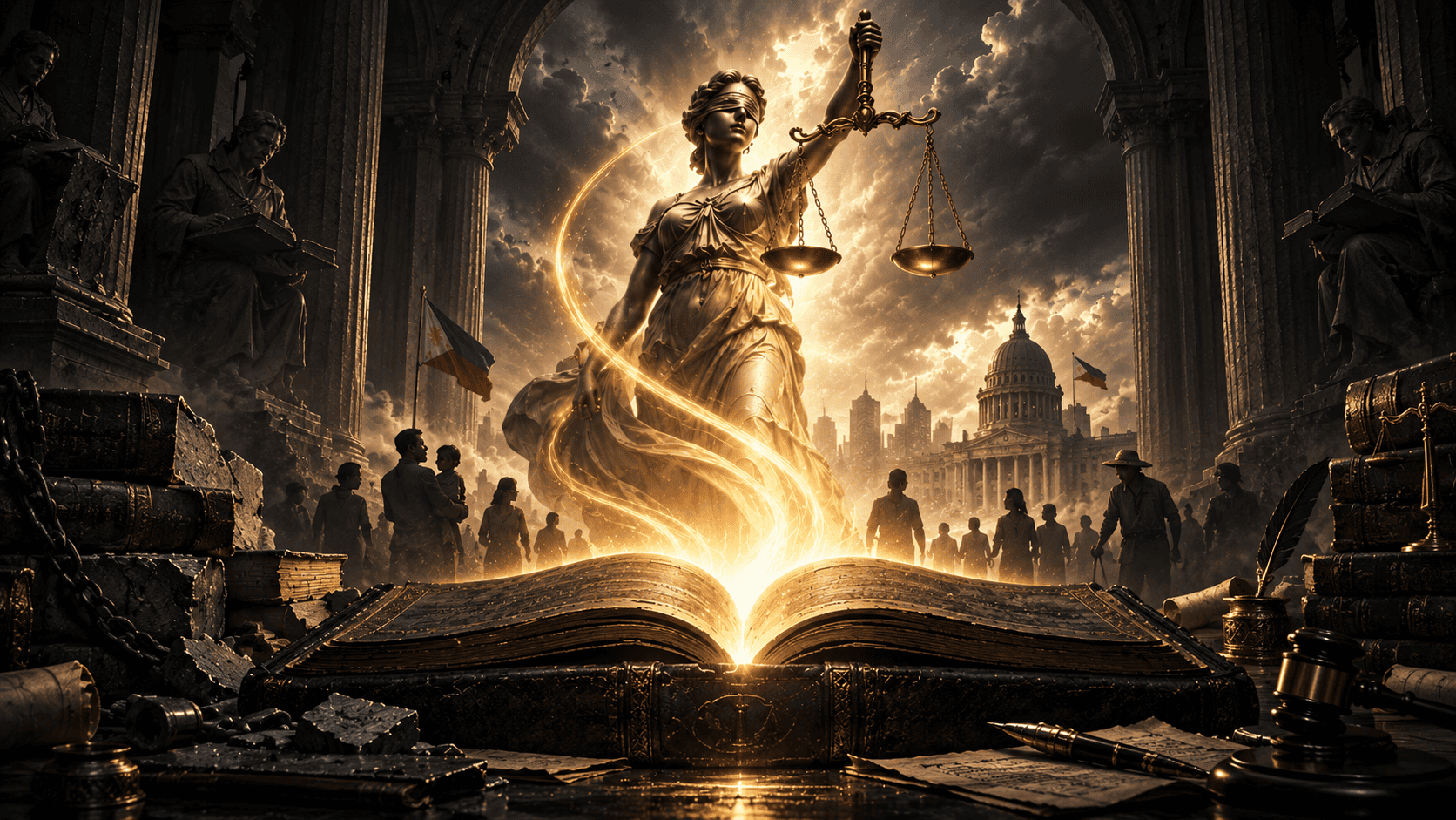 Gothic Lady Justice standing above a glowing law book, symbolizing the spirit of the law beyond its literal words.