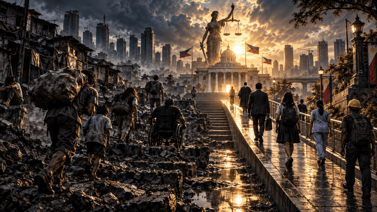 Gothic cinematic scene of two unequal paths leading toward a grand justice building at sunrise, symbolizing fairness, equality, and different starting points in life.
