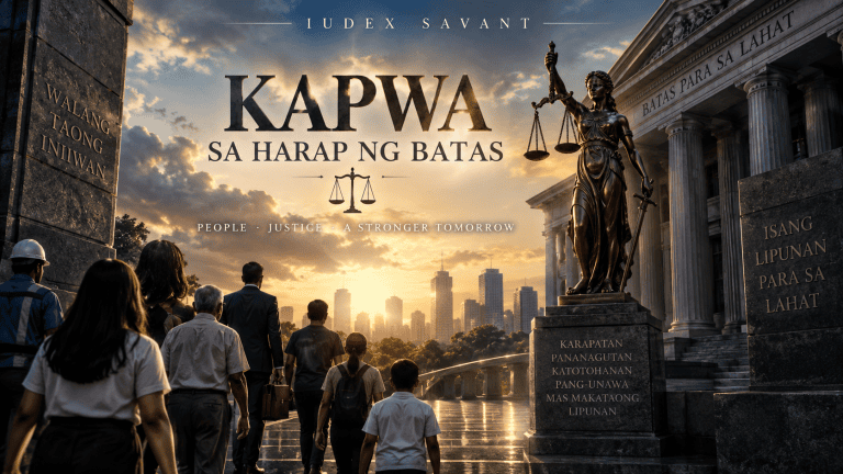 Featured image for “Kapwa sa Harap ng Batas” showing Lady Justice, a courthouse setting, and people gathered beneath dramatic light, symbolizing equality before the law, human dignity, accountability, and access to justice.