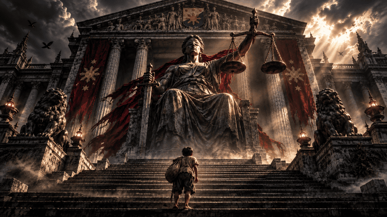 Blindfolded Lady Justice towers above a grand gothic courthouse as a lone barefoot figure climbs the long stone steps, symbolizing justice, human dignity, and the struggle of the vulnerable to be seen and heard.