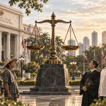 Hyperrealistic Philippine rule of law scene featuring balanced scales of justice between ordinary citizens and public officials, with the Supreme Court of the Philippines, Rizal Monument, and Manila skyline in the background.