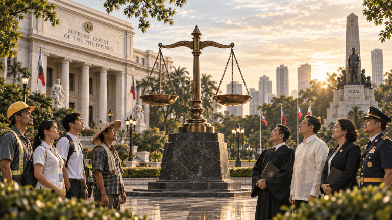Hyperrealistic Philippine rule of law scene featuring balanced scales of justice between ordinary citizens and public officials, with the Supreme Court of the Philippines, Rizal Monument, and Manila skyline in the background.