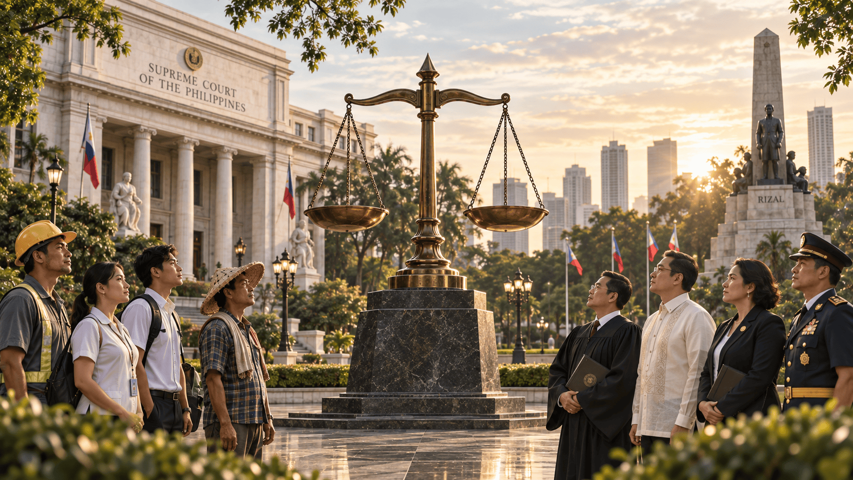 Hyperrealistic Philippine rule of law scene featuring balanced scales of justice between ordinary citizens and public officials, with the Supreme Court of the Philippines, Rizal Monument, and Manila skyline in the background.