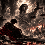 Gothic depiction of blindfolded Lady Justice holding the scales above a solitary man surrounded by pointing figures, ruined architecture, scattered papers, and deep red fabric, symbolizing judgment, truth, human dignity, and the unseen story behind every accusation.