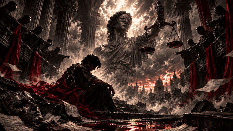 Gothic depiction of blindfolded Lady Justice holding the scales above a solitary man surrounded by pointing figures, ruined architecture, scattered papers, and deep red fabric, symbolizing judgment, truth, human dignity, and the unseen story behind every accusation.