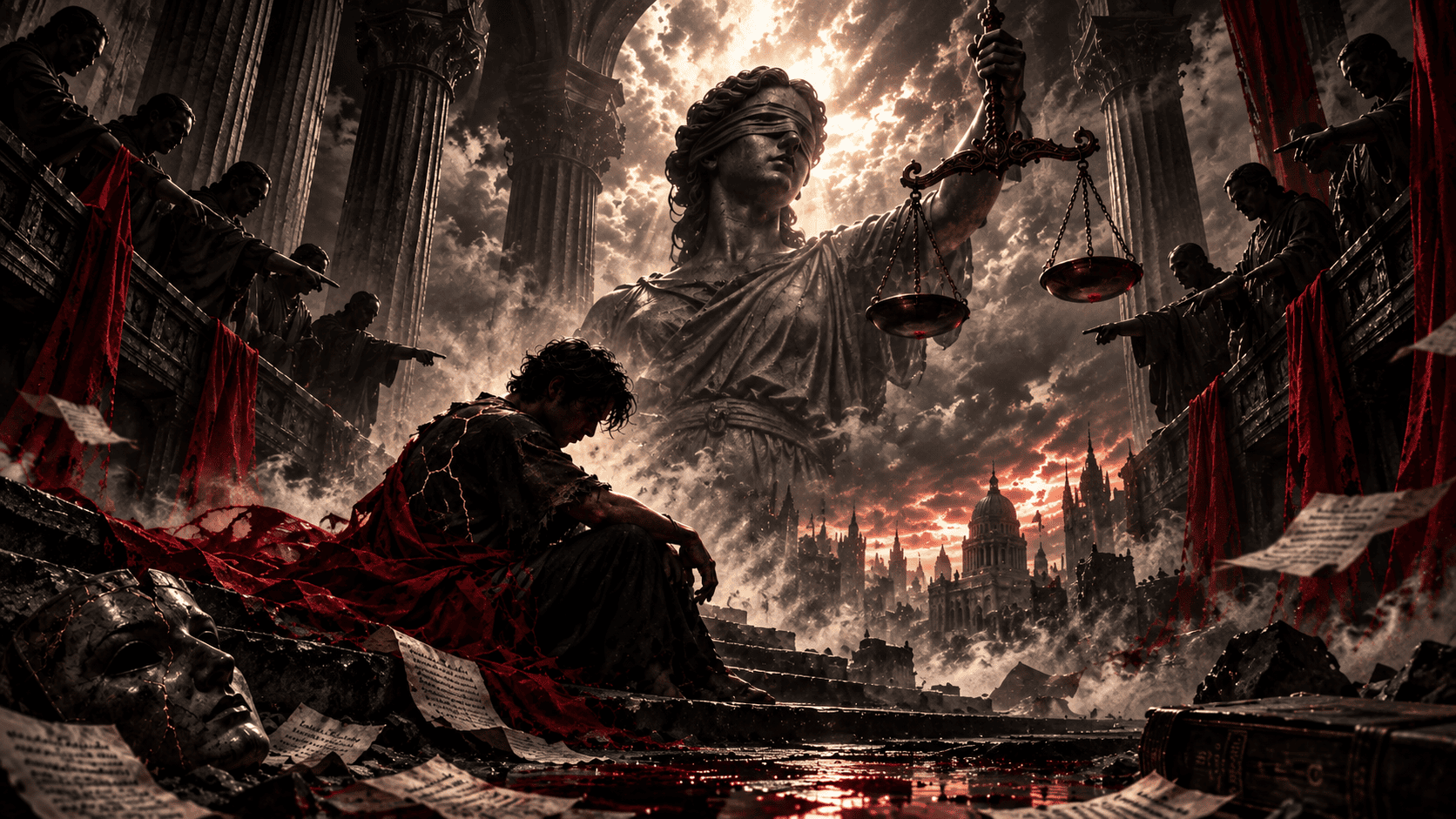 Gothic depiction of blindfolded Lady Justice holding the scales above a solitary man surrounded by pointing figures, ruined architecture, scattered papers, and deep red fabric, symbolizing judgment, truth, human dignity, and the unseen story behind every accusation.