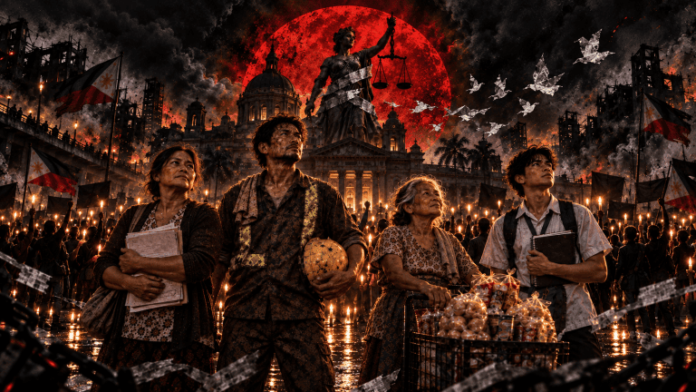 Gothic-style artwork showing four ordinary Filipinos—a working woman holding documents, a laborer with a hard hat, an elderly street vendor, and a student with notebooks—standing before a candlelit crowd in a dark city scene, with a towering Lady Justice, a church-like civic building, Philippine flags, and a dramatic crimson sky symbolizing the voice of the unheard.