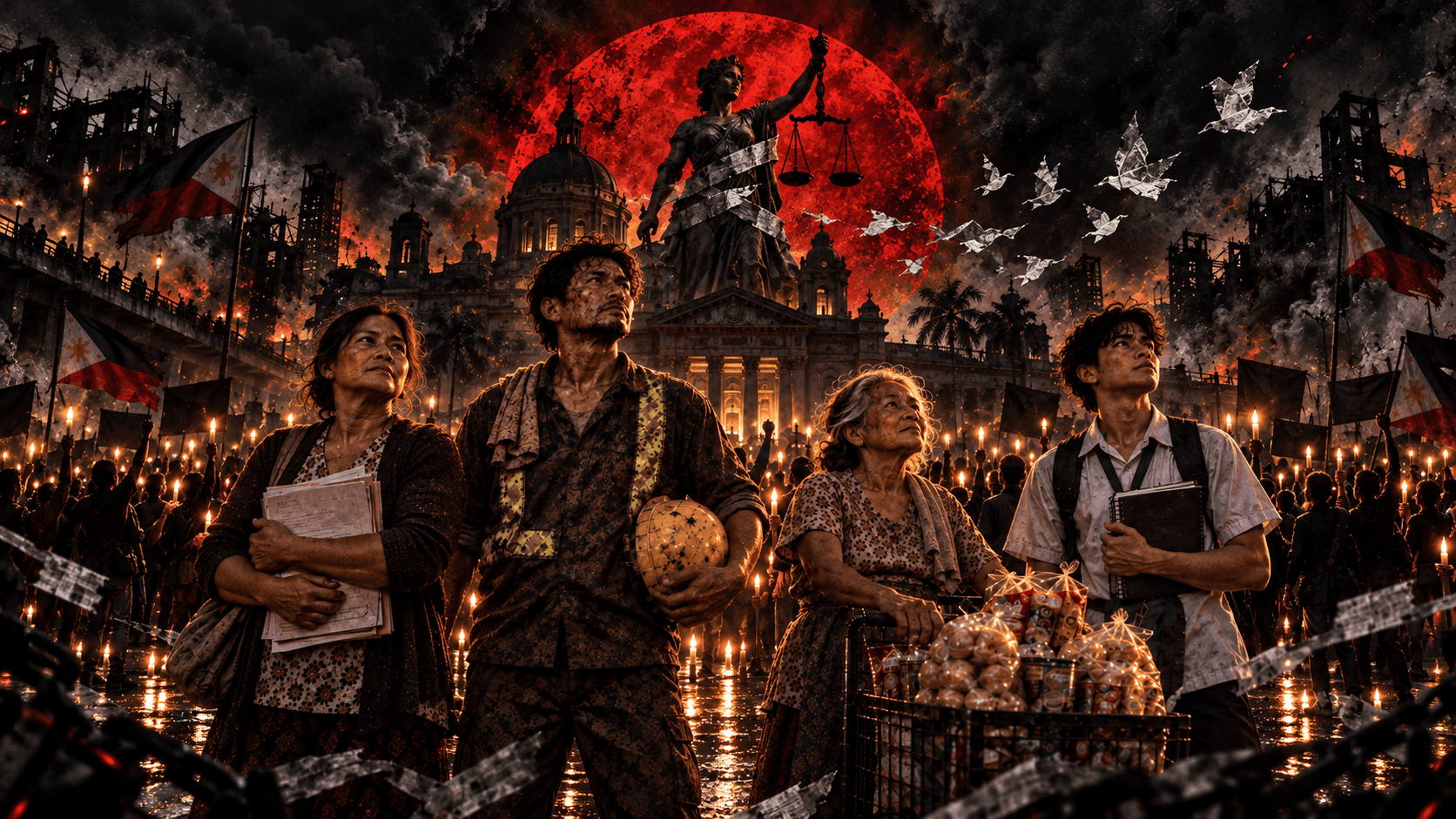 Gothic-style artwork showing four ordinary Filipinos—a working woman holding documents, a laborer with a hard hat, an elderly street vendor, and a student with notebooks—standing before a candlelit crowd in a dark city scene, with a towering Lady Justice, a church-like civic building, Philippine flags, and a dramatic crimson sky symbolizing the voice of the unheard.