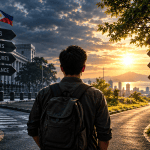 Filipino man standing at a symbolic crossroads between rigid authority and a brighter path of conscience, justice, and personal responsibility.