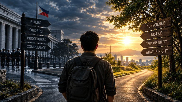 Filipino man standing at a symbolic crossroads between rigid authority and a brighter path of conscience, justice, and personal responsibility.