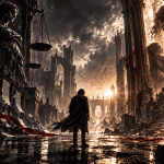 Gothic cinematic scene of a lone figure standing before a ruined courthouse and Lady Justice, symbolizing the search for fairness beyond technical correctness in Huwag Lang sa Tama.