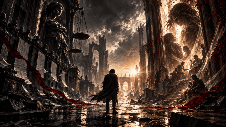 Gothic cinematic scene of a lone figure standing before a ruined courthouse and Lady Justice, symbolizing the search for fairness beyond technical correctness in Huwag Lang sa Tama.