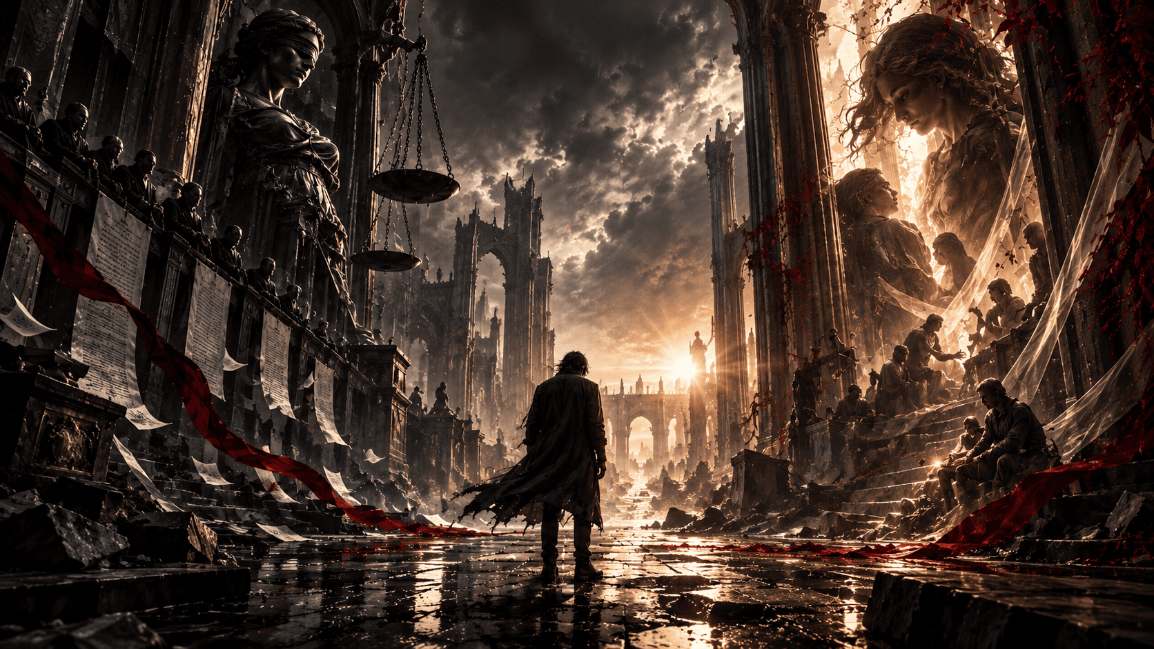 Gothic cinematic scene of a lone figure standing before a ruined courthouse and Lady Justice, symbolizing the search for fairness beyond technical correctness in Huwag Lang sa Tama.