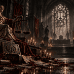 Gothic courtroom scene with a fallen Lady Justice figure in shadow, symbolizing a silent legal system and the distance between written law and justice felt by ordinary people.