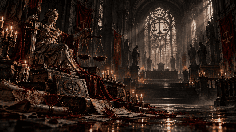 Gothic courtroom scene with a fallen Lady Justice figure in shadow, symbolizing a silent legal system and the distance between written law and justice felt by ordinary people.