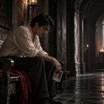 A solitary man sits beneath the towering arches of a Gothic chapel, surrounded by weathered stone, deep shadows, and soft golden light, symbolizing hidden suffering, painful memories, and the quiet search for healing in May Pangalan ang Bawat Sugat by Iudex Savant.