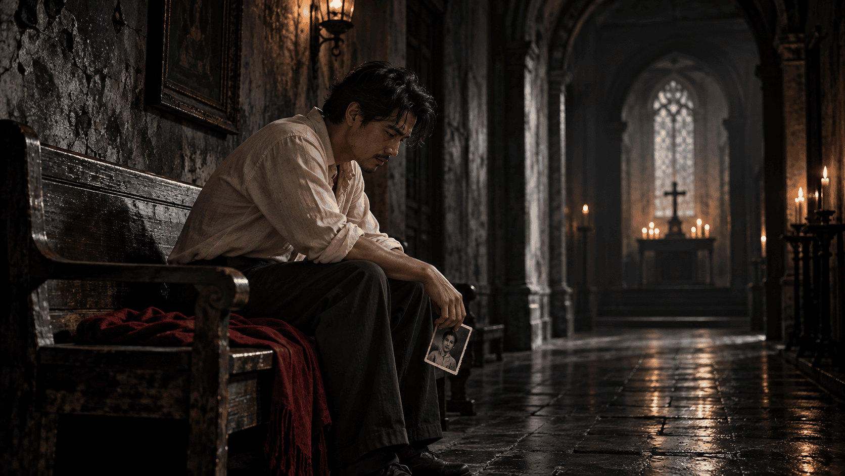 A solitary man sits beneath the towering arches of a Gothic chapel, surrounded by weathered stone, deep shadows, and soft golden light, symbolizing hidden suffering, painful memories, and the quiet search for healing in May Pangalan ang Bawat Sugat by Iudex Savant.
